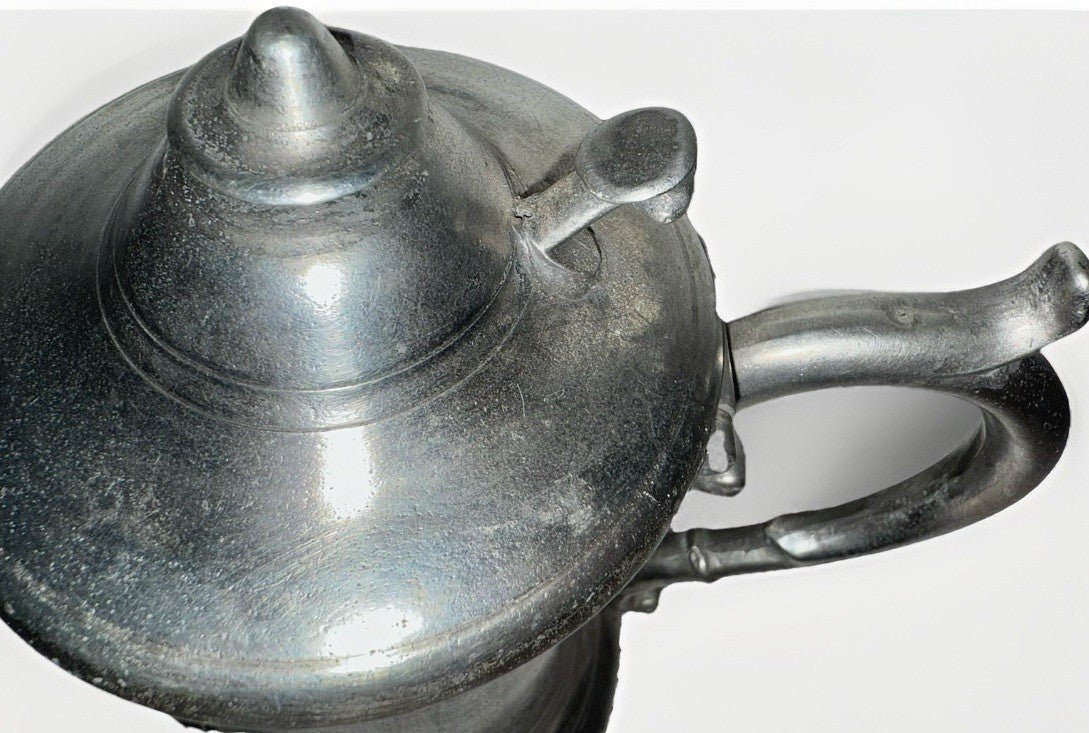 Antique Pewter Syrup Pitcher w/ Hinged Lid, Queen Anne Handle, Thumb Knob Lift - AntiquesEtceteraAntique Pewter Syrup Pitcher w/ Hinged Lid, Queen Anne Handle, Thumb Knob LiftAntique PewterAntiquesEtceteraAntiquesEtcetera