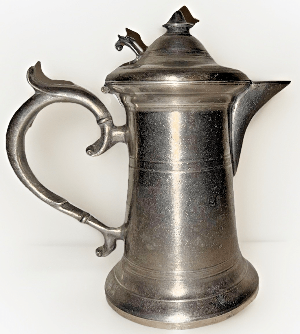 Antique Pewter Syrup Pitcher w/ Hinged Lid, Queen Anne Handle, Thumb Knob Lift - AntiquesEtceteraAntique Pewter Syrup Pitcher w/ Hinged Lid, Queen Anne Handle, Thumb Knob LiftAntique PewterAntiquesEtceteraAntiquesEtcetera