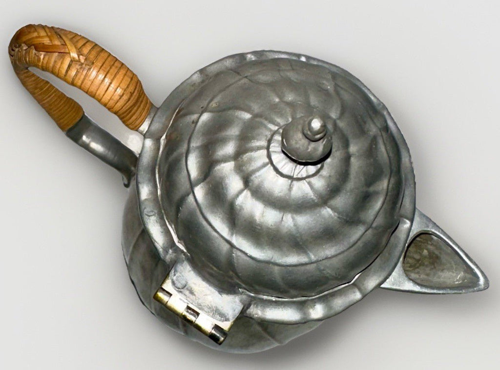 Antique Pewter Teapot Basketweave Handle Diagonal Swirl Hinged Lid Art Nouveau - AntiquesEtceteraAntique Pewter Teapot Basketweave Handle Diagonal Swirl Hinged Lid Art NouveauUnbrandedAntiquesEtcetera