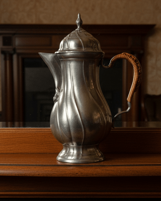 Antique Pewter Teapot Basketweave Handle Diagonal Swirl Hinged Lid Art Nouveau - AntiquesEtceteraAntique Pewter Teapot Basketweave Handle Diagonal Swirl Hinged Lid Art NouveauPewter TeapotAntiquesEtceteraAntiquesEtcetera