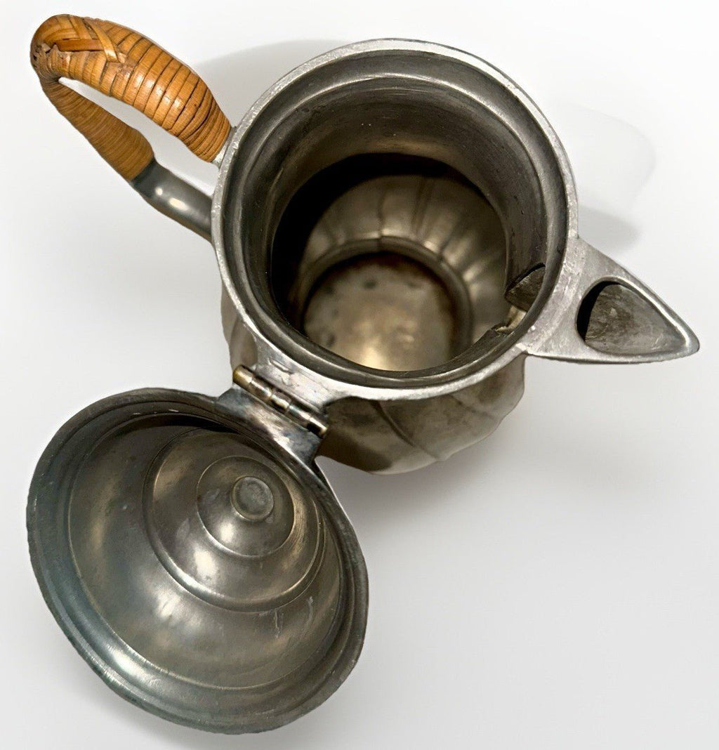 Antique Pewter Teapot Basketweave Handle Diagonal Swirl Hinged Lid Art Nouveau - AntiquesEtceteraAntique Pewter Teapot Basketweave Handle Diagonal Swirl Hinged Lid Art NouveauUnbrandedAntiquesEtcetera
