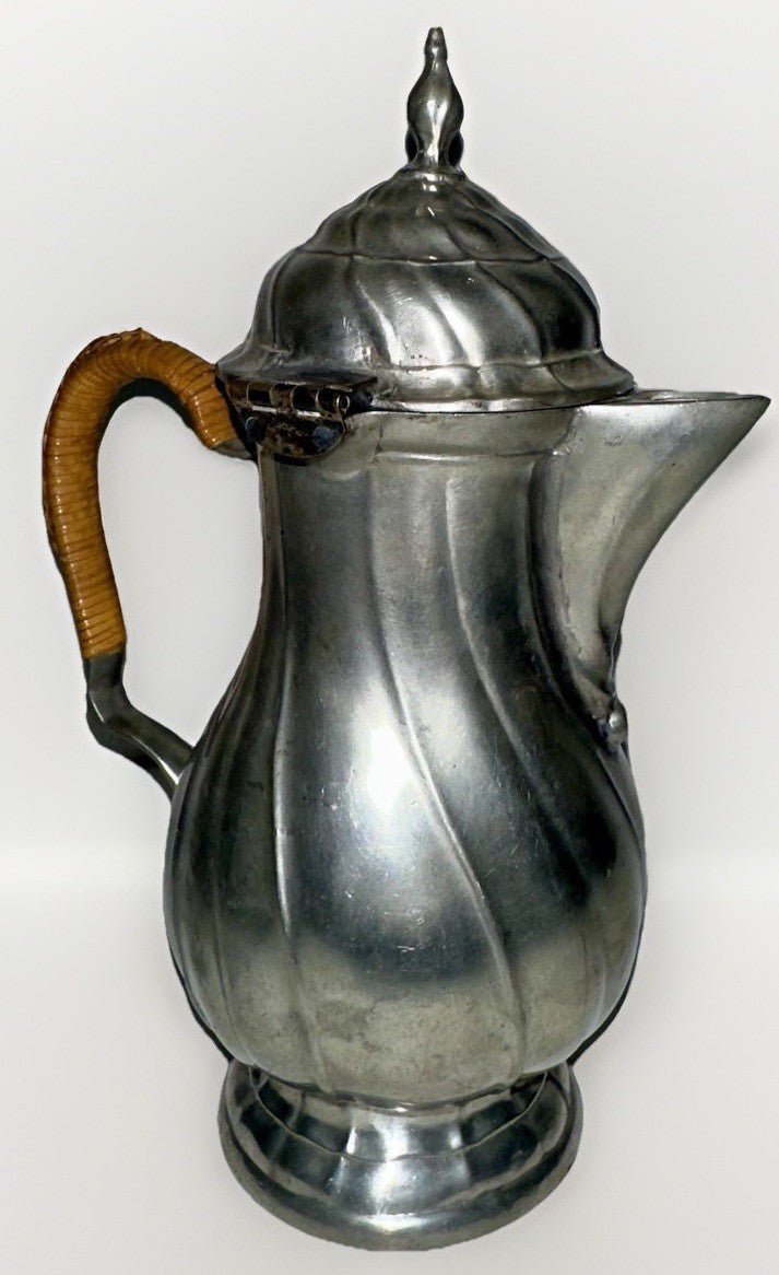 Antique Pewter Teapot Basketweave Handle Diagonal Swirl Hinged Lid Art Nouveau - AntiquesEtceteraAntique Pewter Teapot Basketweave Handle Diagonal Swirl Hinged Lid Art NouveauUnbrandedAntiquesEtcetera