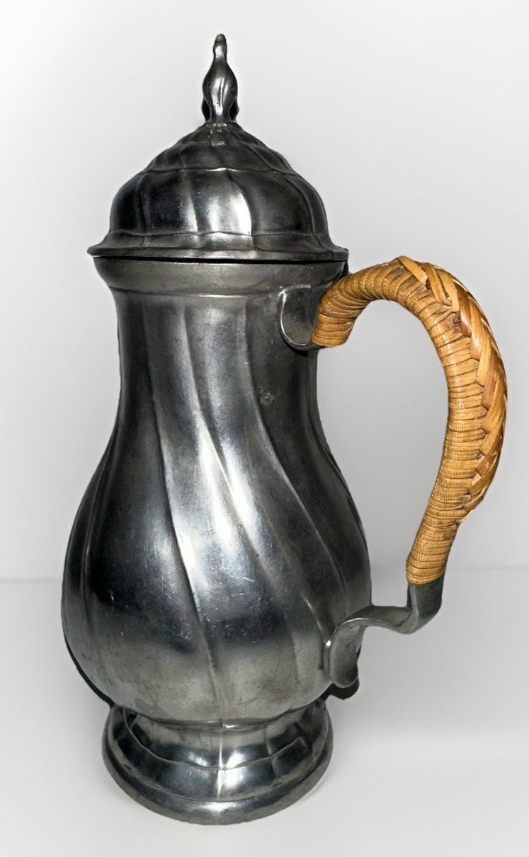 Antique Pewter Teapot Basketweave Handle Diagonal Swirl Hinged Lid Art Nouveau - AntiquesEtceteraAntique Pewter Teapot Basketweave Handle Diagonal Swirl Hinged Lid Art NouveauUnbrandedAntiquesEtcetera