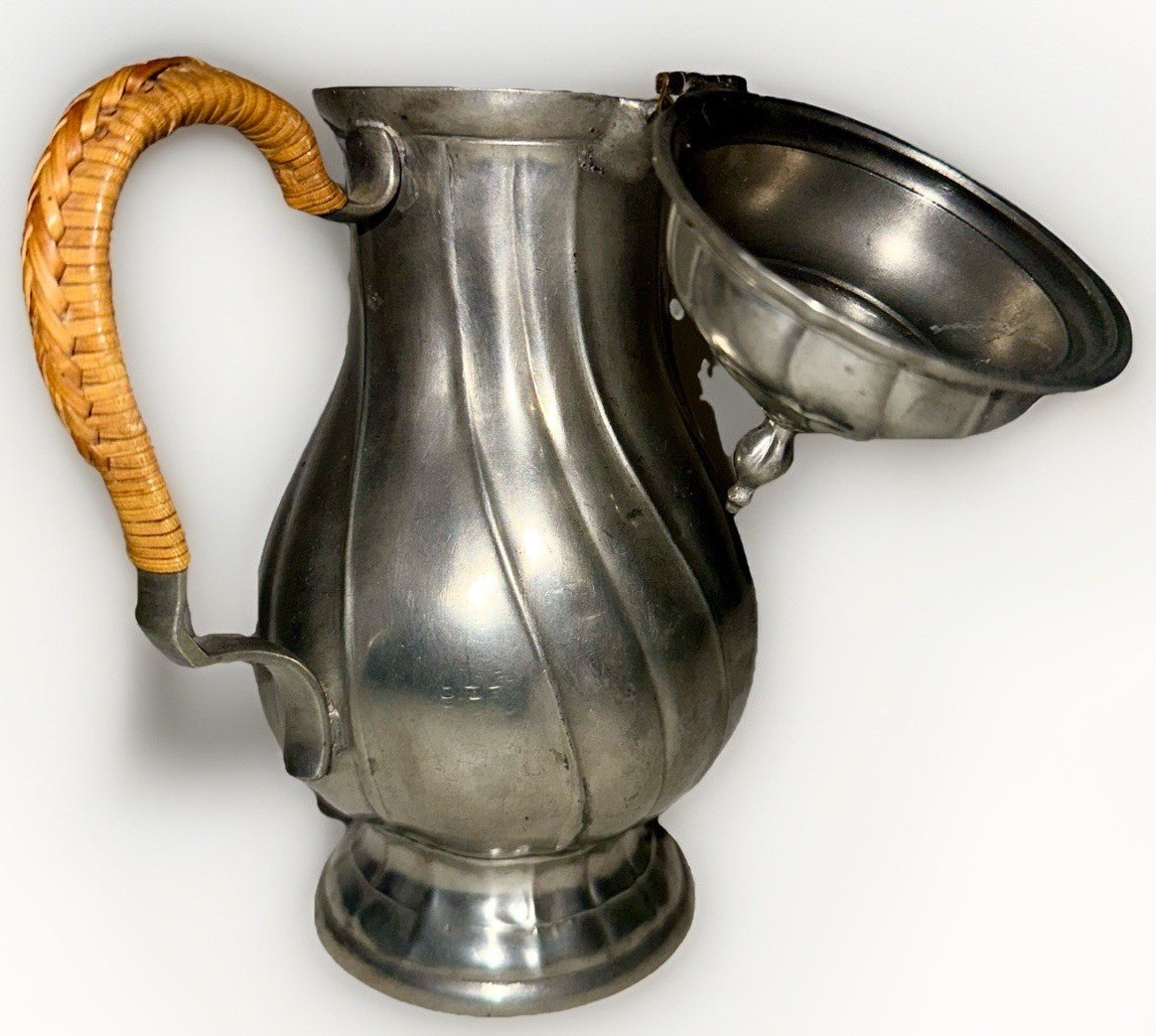 Antique Pewter Teapot Basketweave Handle Diagonal Swirl Hinged Lid Art Nouveau - AntiquesEtceteraAntique Pewter Teapot Basketweave Handle Diagonal Swirl Hinged Lid Art NouveauUnbrandedAntiquesEtcetera