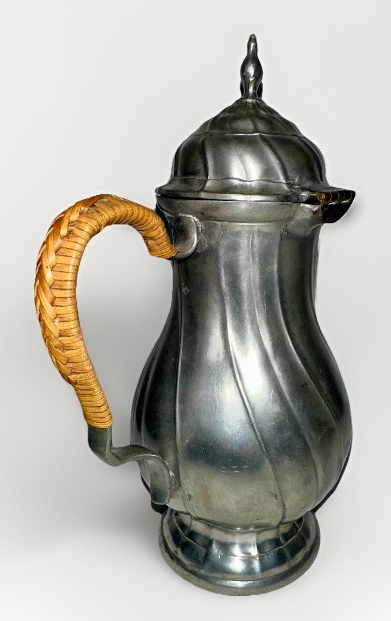 Antique Pewter Teapot Basketweave Handle Diagonal Swirl Hinged Lid Art Nouveau - AntiquesEtceteraAntique Pewter Teapot Basketweave Handle Diagonal Swirl Hinged Lid Art NouveauUnbrandedAntiquesEtcetera