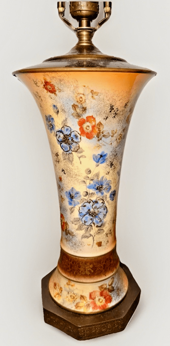Antique Porcelain Table Lamp Exquisite Floral Motif Gilt Highlights Brass Finial - AntiquesEtceteraAntique Porcelain Table Lamp Exquisite Floral Motif Gilt Highlights Brass FinialAntiqueAntiquesEtcetera