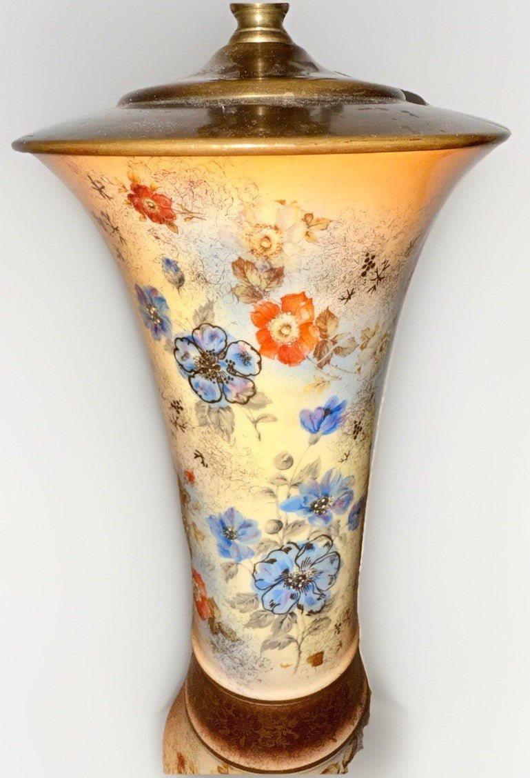 Antique Porcelain Table Lamp Exquisite Floral Motif Gilt Highlights Brass Finial - AntiquesEtceteraAntique Porcelain Table Lamp Exquisite Floral Motif Gilt Highlights Brass FinialAntiqueAntiquesEtcetera