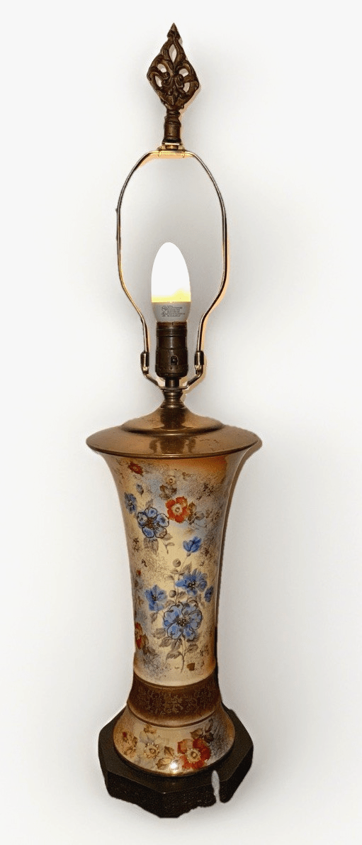 Antique Porcelain Table Lamp Exquisite Floral Motif Gilt Highlights Brass Finial - AntiquesEtceteraAntique Porcelain Table Lamp Exquisite Floral Motif Gilt Highlights Brass FinialAntiqueAntiquesEtcetera