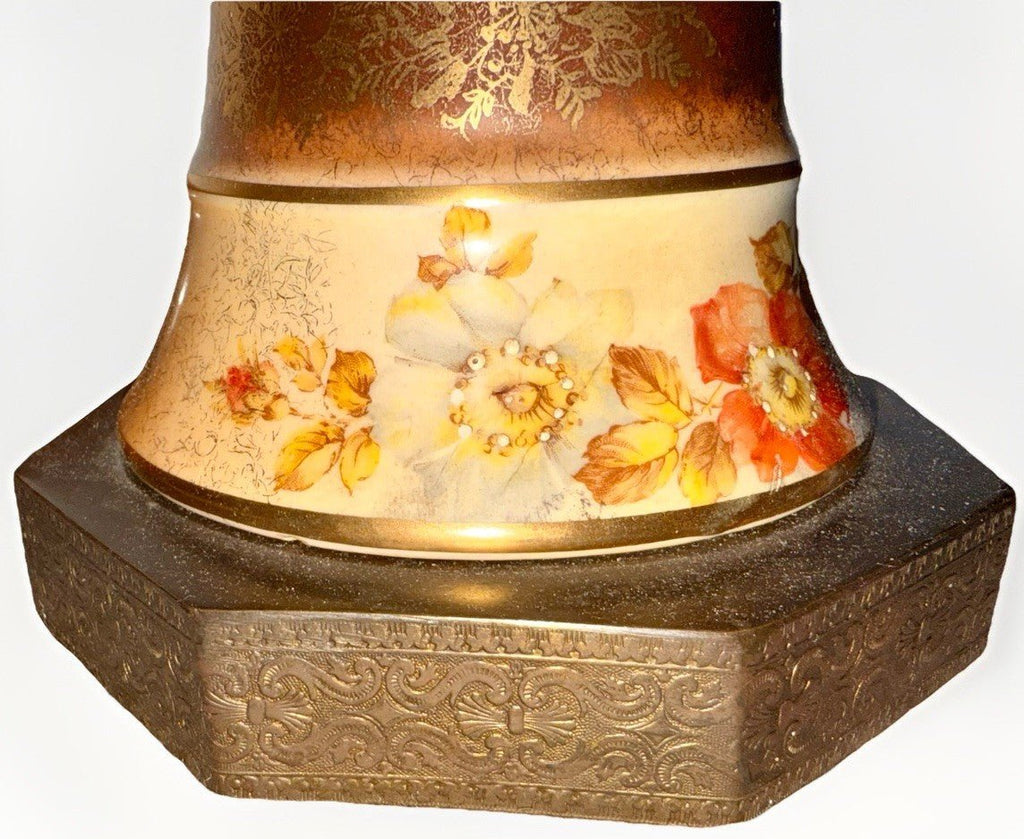 Antique Porcelain Table Lamp Exquisite Floral Motif Gilt Highlights Brass Finial - AntiquesEtceteraAntique Porcelain Table Lamp Exquisite Floral Motif Gilt Highlights Brass FinialAntiqueAntiquesEtcetera