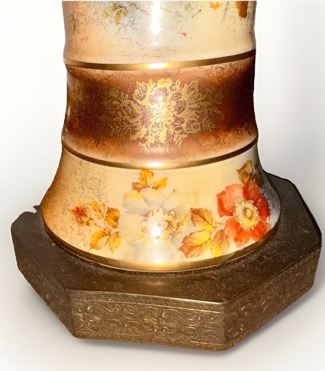 Antique Porcelain Table Lamp Exquisite Floral Motif Gilt Highlights Brass Finial - AntiquesEtceteraAntique Porcelain Table Lamp Exquisite Floral Motif Gilt Highlights Brass FinialAntiqueAntiquesEtcetera