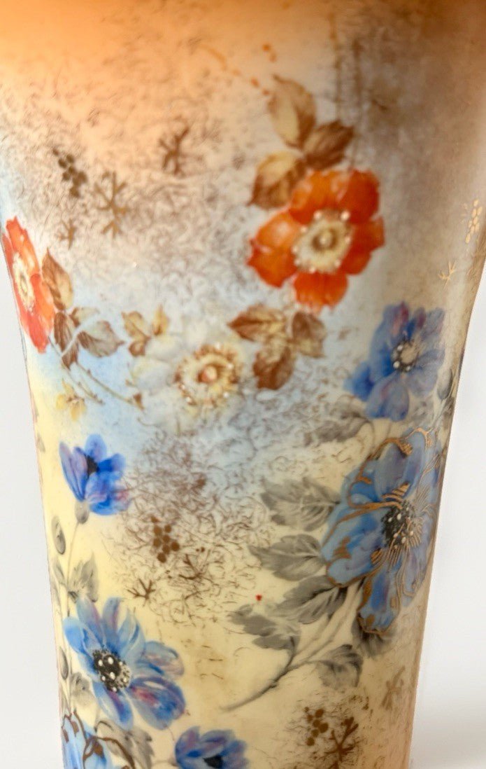 Antique Porcelain Table Lamp Exquisite Floral Motif Gilt Highlights Brass Finial - AntiquesEtceteraAntique Porcelain Table Lamp Exquisite Floral Motif Gilt Highlights Brass FinialAntiqueAntiquesEtcetera