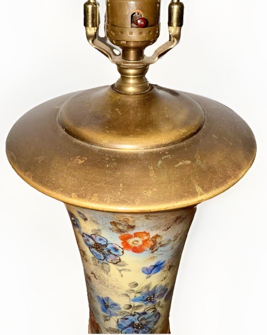 Antique Porcelain Table Lamp Exquisite Floral Motif Gilt Highlights Brass Finial - AntiquesEtceteraAntique Porcelain Table Lamp Exquisite Floral Motif Gilt Highlights Brass FinialAntiqueAntiquesEtcetera