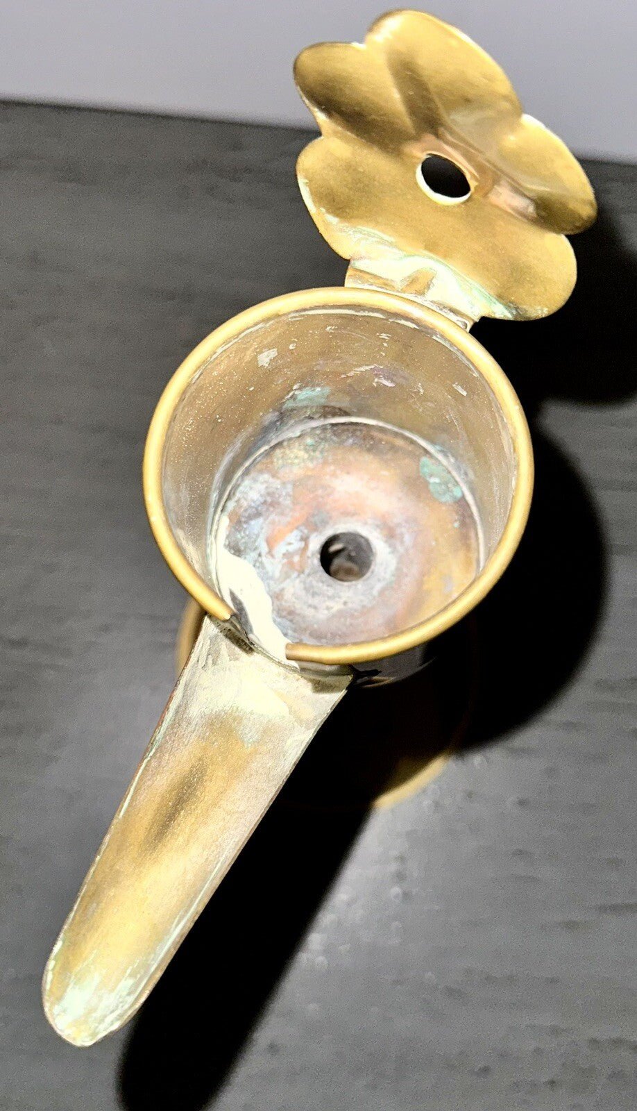 Antique Sheet Brass Flemish Spout / Snotneus Lamp 18th - 19th C. w/ Drop - In Font - AntiquesEtceteraAntique Sheet Brass Flemish Spout / Snotneus Lamp 18th - 19th C. w/ Drop - In FontAntique LightingAntiquesEtceteraAntiquesEtcetera