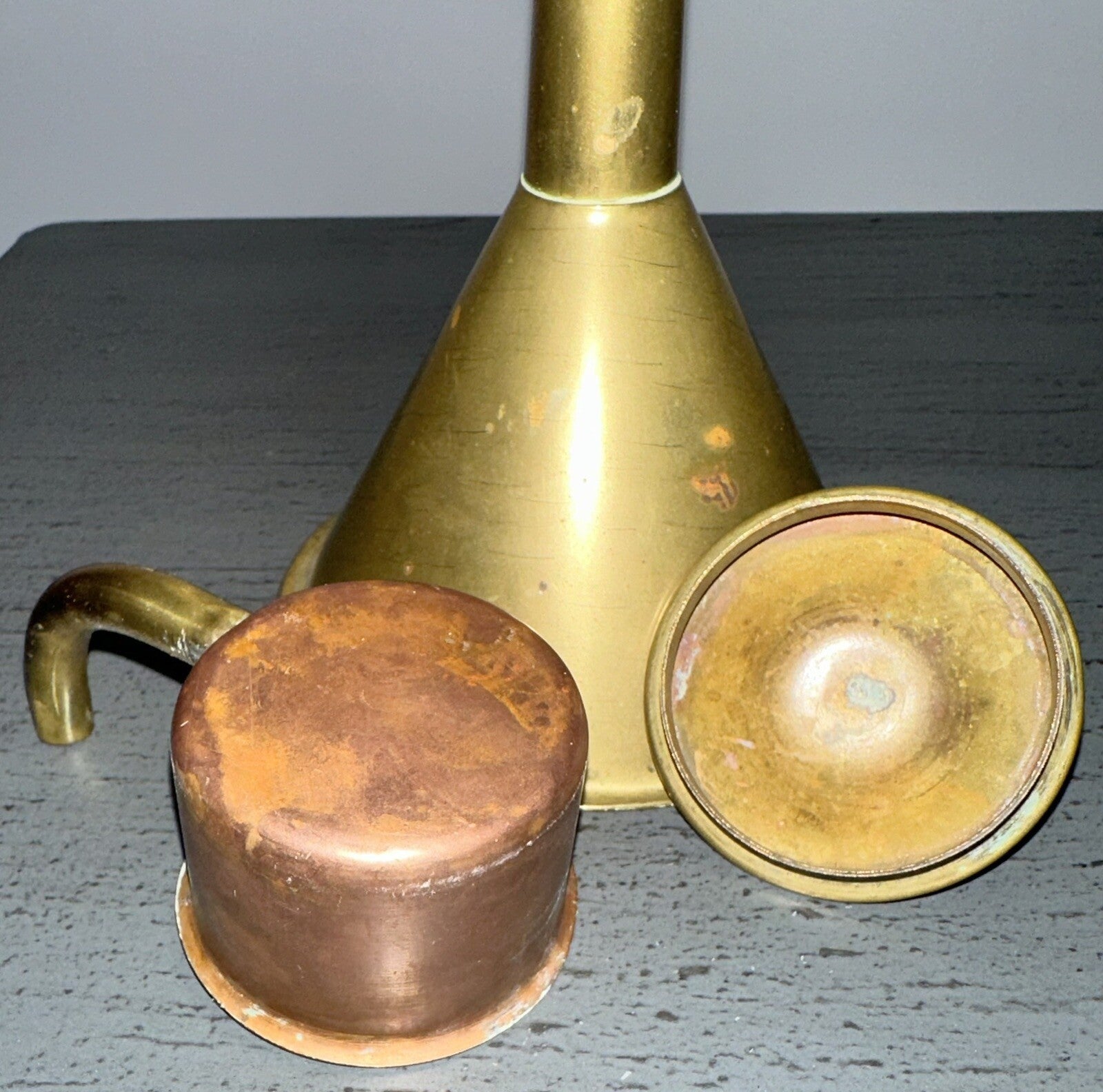 Antique Sheet Brass Flemish Spout / Snotneus Lamp 18th - 19th C. w/ Drop - In Font - AntiquesEtceteraAntique Sheet Brass Flemish Spout / Snotneus Lamp 18th - 19th C. w/ Drop - In FontAntique LightingAntiquesEtceteraAntiquesEtcetera
