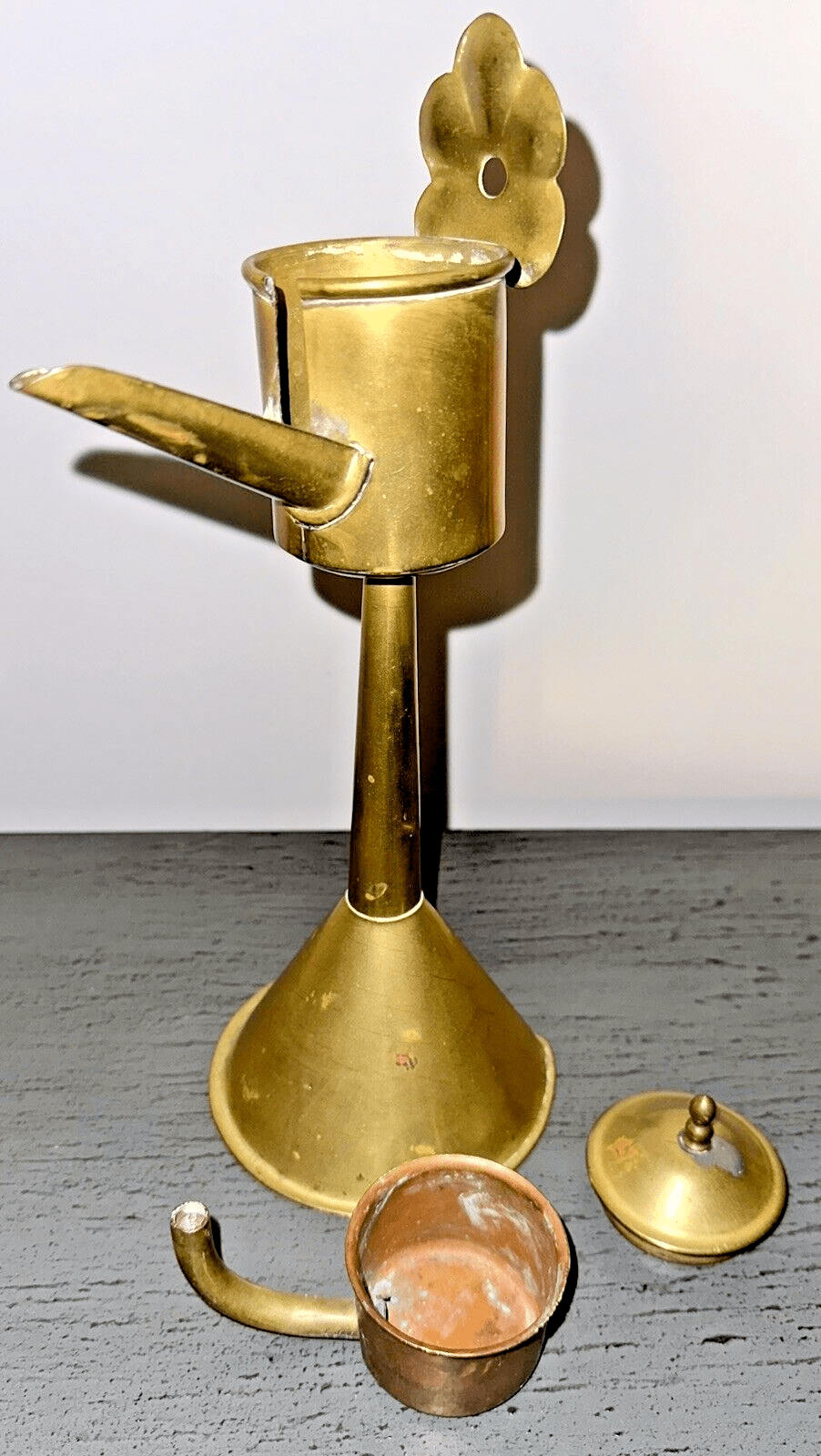 Antique Sheet Brass Flemish Spout / Snotneus Lamp 18th - 19th C. w/ Drop - In Font - AntiquesEtceteraAntique Sheet Brass Flemish Spout / Snotneus Lamp 18th - 19th C. w/ Drop - In FontAntique LightingAntiquesEtceteraAntiquesEtcetera