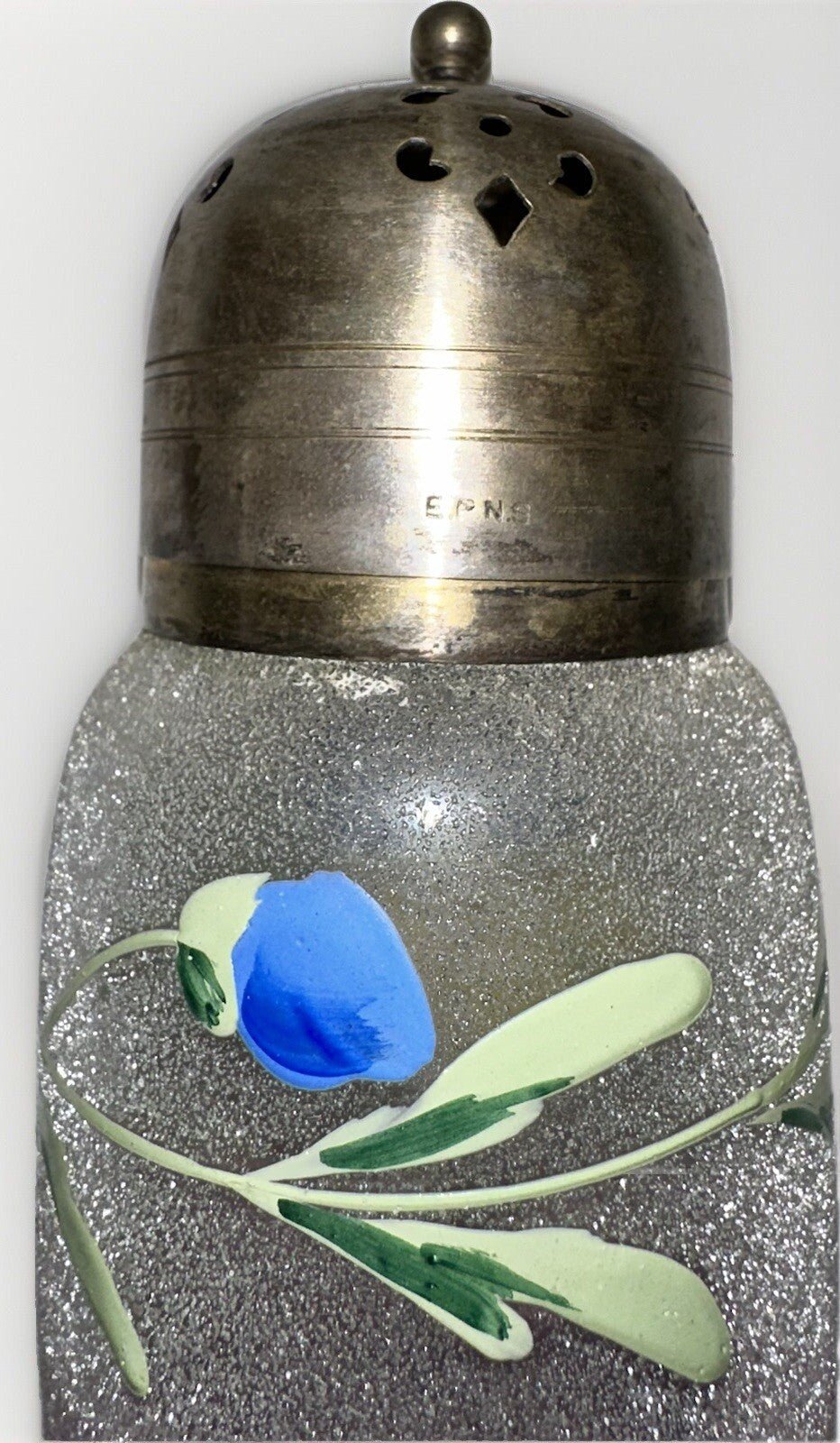Antique Sugar Shaker Enamel Pansy Textured Glass Silver Plated EPNS Lid - AntiquesEtceteraAntique Sugar Shaker Enamel Pansy Textured Glass Silver Plated EPNS LidUnmarkedAntiquesEtcetera
