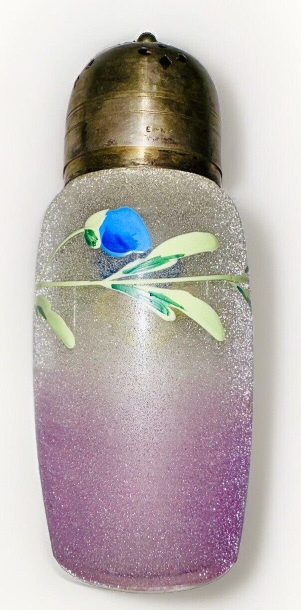 Antique Sugar Shaker Enamel Pansy Textured Glass Silver Plated EPNS Lid - AntiquesEtceteraAntique Sugar Shaker Enamel Pansy Textured Glass Silver Plated EPNS LidUnmarkedAntiquesEtcetera