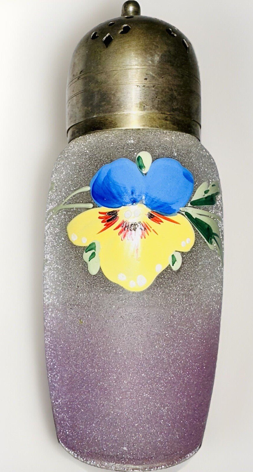 Antique Sugar Shaker Enamel Pansy Textured Glass Silver Plated EPNS Lid - AntiquesEtceteraAntique Sugar Shaker Enamel Pansy Textured Glass Silver Plated EPNS LidUnmarkedAntiquesEtcetera