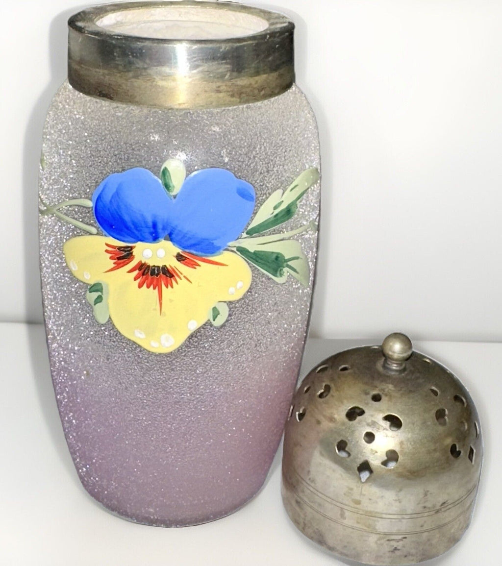 Antique Sugar Shaker Enamel Pansy Textured Glass Silver Plated EPNS Lid - AntiquesEtceteraAntique Sugar Shaker Enamel Pansy Textured Glass Silver Plated EPNS LidUnmarkedAntiquesEtcetera