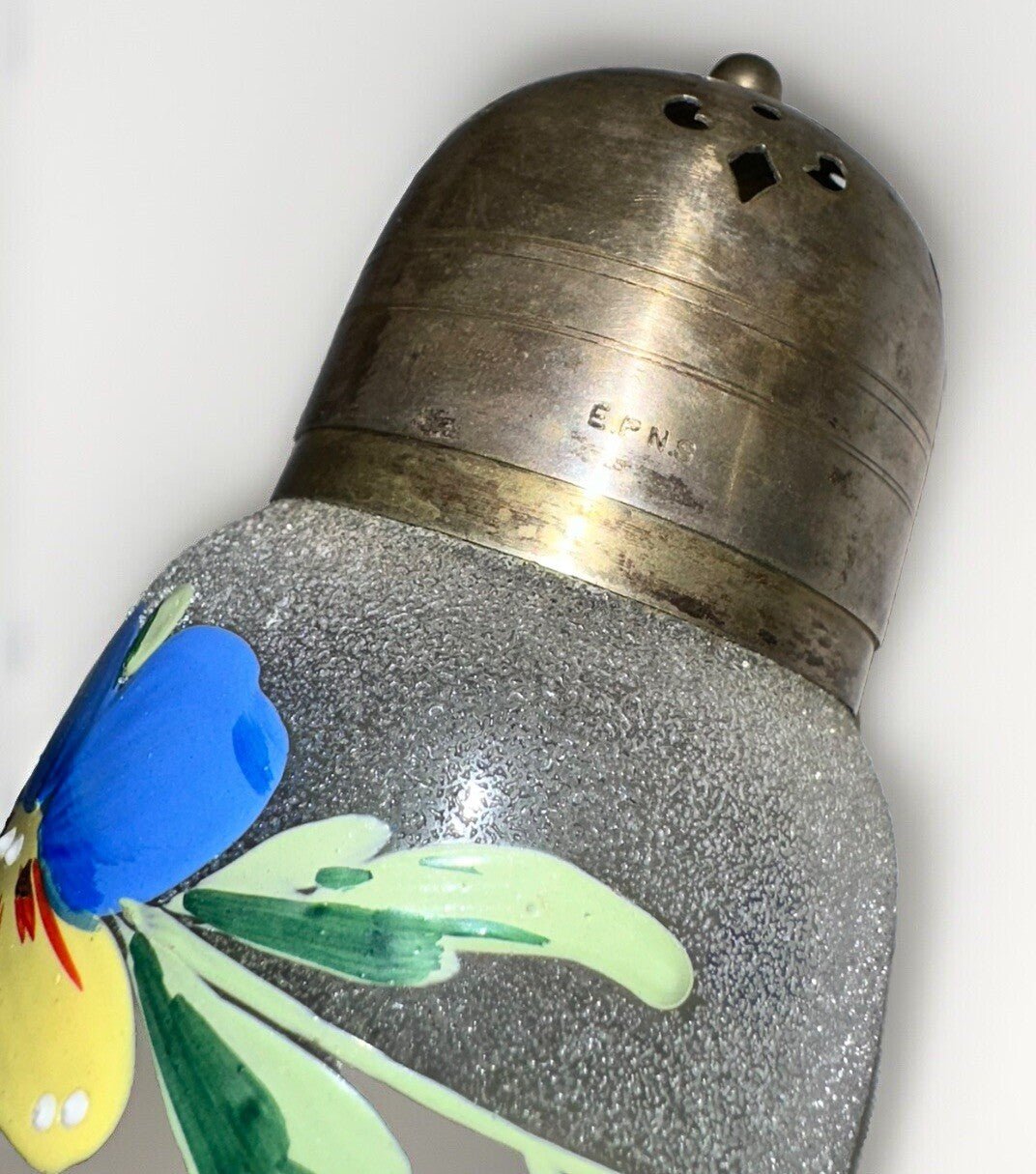 Antique Sugar Shaker Enamel Pansy Textured Glass Silver Plated EPNS Lid - AntiquesEtceteraAntique Sugar Shaker Enamel Pansy Textured Glass Silver Plated EPNS LidUnmarkedAntiquesEtcetera