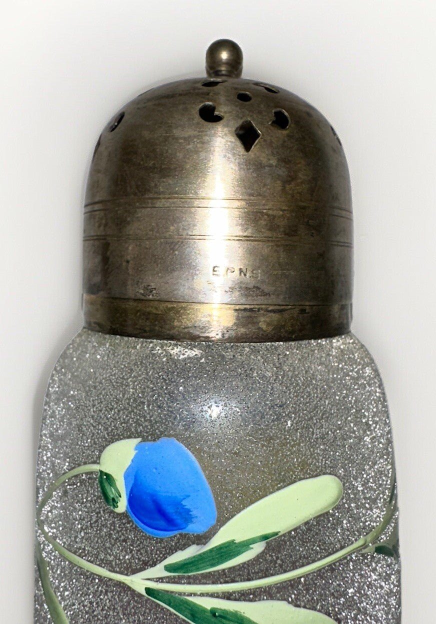 Antique Sugar Shaker Enamel Pansy Textured Glass Silver Plated EPNS Lid - AntiquesEtceteraAntique Sugar Shaker Enamel Pansy Textured Glass Silver Plated EPNS LidUnmarkedAntiquesEtcetera