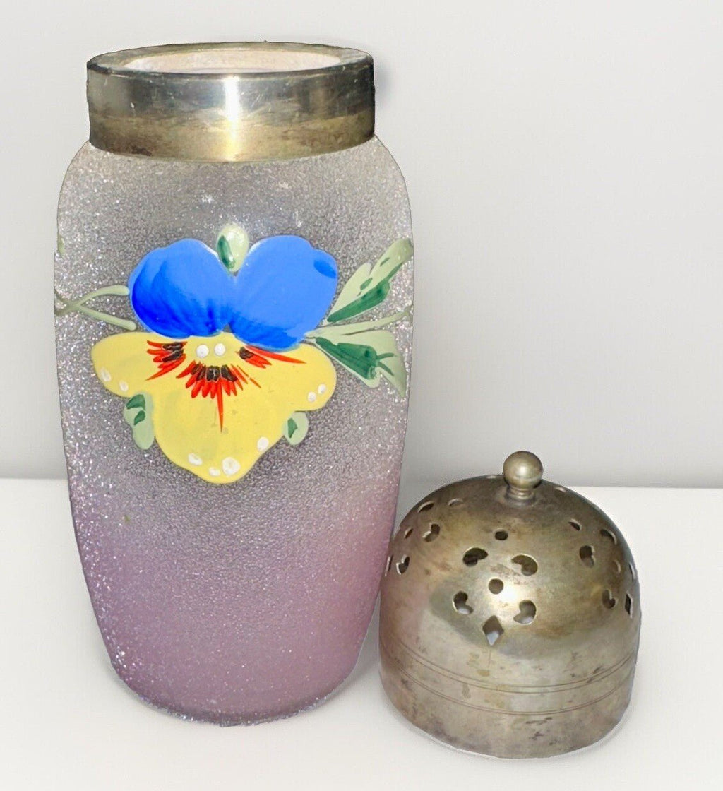 Antique Sugar Shaker Enamel Pansy Textured Glass Silver Plated EPNS Lid - AntiquesEtceteraAntique Sugar Shaker Enamel Pansy Textured Glass Silver Plated EPNS LidUnmarkedAntiquesEtcetera