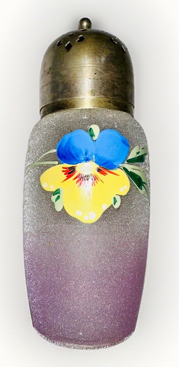 Antique Sugar Shaker Enamel Pansy Textured Glass Silver Plated EPNS Lid - AntiquesEtceteraAntique Sugar Shaker Enamel Pansy Textured Glass Silver Plated EPNS LidUnmarkedAntiquesEtcetera