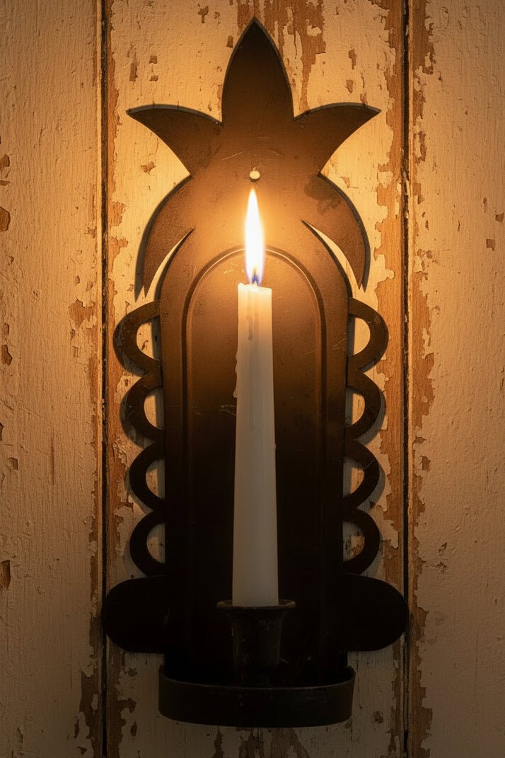Antique Tin Candle Wall Sconce 15.75" High Pineapple "Welcome" Motif - AntiquesEtceteraAntique Tin Candle Wall Sconce 15.75" High Pineapple "Welcome" MotifAntique Candle SconceAntiquesEtceteraAntiquesEtcetera