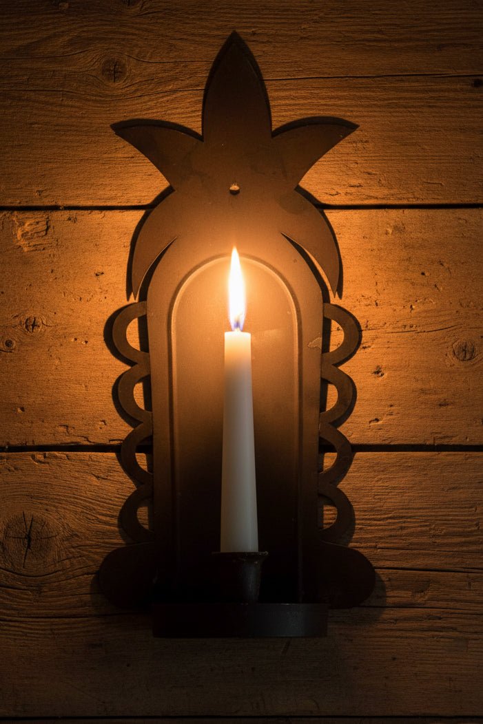 Antique Tin Candle Wall Sconce 15.75" High Pineapple "Welcome" Motif - AntiquesEtceteraAntique Tin Candle Wall Sconce 15.75" High Pineapple "Welcome" MotifAntique Candle SconceAntiquesEtceteraAntiquesEtcetera