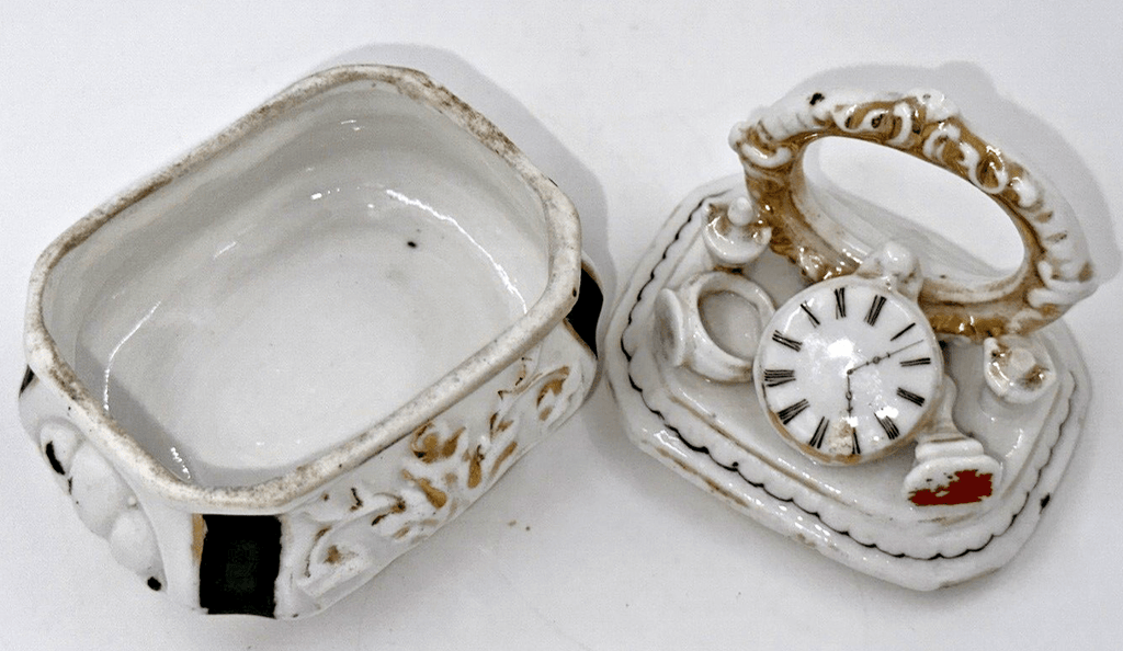 Antique Victorian Porcelain Trinket Box Fairing Vanity Mirror Watch Ring Perfume - AntiquesEtceteraAntique Victorian Porcelain Trinket Box Fairing Vanity Mirror Watch Ring PerfumeAntiquesEtceteraAntiquesEtcetera