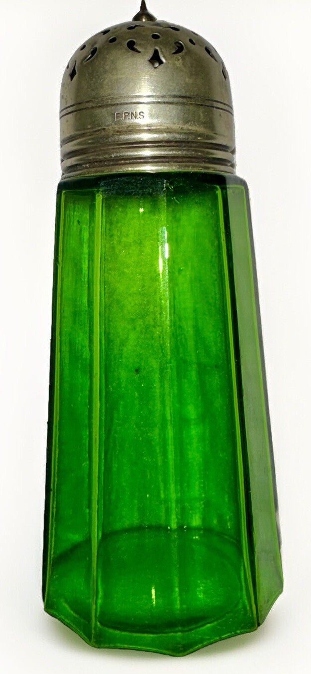 Antique Victorian Sugar Shaker Emerald Green Glass 10 Panel Silver Plated Lid - AntiquesEtceteraAntique Victorian Sugar Shaker Emerald Green Glass 10 Panel Silver Plated LidAntiqueAntiquesEtcetera