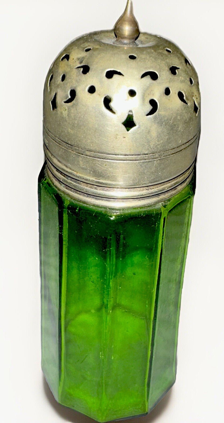 Antique Victorian Sugar Shaker Emerald Green Glass 10 Panel Silver Plated Lid - AntiquesEtceteraAntique Victorian Sugar Shaker Emerald Green Glass 10 Panel Silver Plated LidAntiqueAntiquesEtcetera