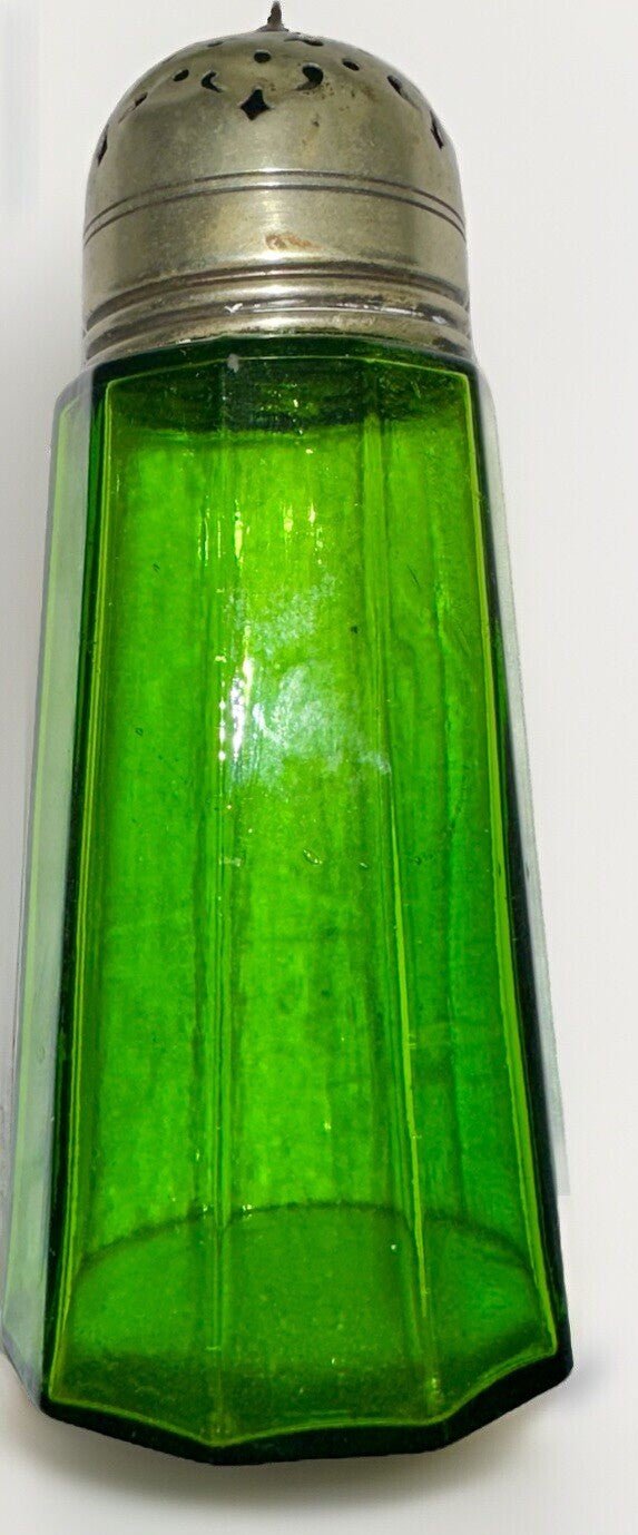 Antique Victorian Sugar Shaker Emerald Green Glass 10 Panel Silver Plated Lid - AntiquesEtceteraAntique Victorian Sugar Shaker Emerald Green Glass 10 Panel Silver Plated LidAntiqueAntiquesEtcetera