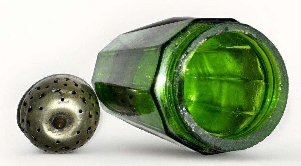 Antique Victorian Sugar Shaker Emerald Green Glass 10 Panel Silver Plated Lid - AntiquesEtceteraAntique Victorian Sugar Shaker Emerald Green Glass 10 Panel Silver Plated LidAntiqueAntiquesEtcetera