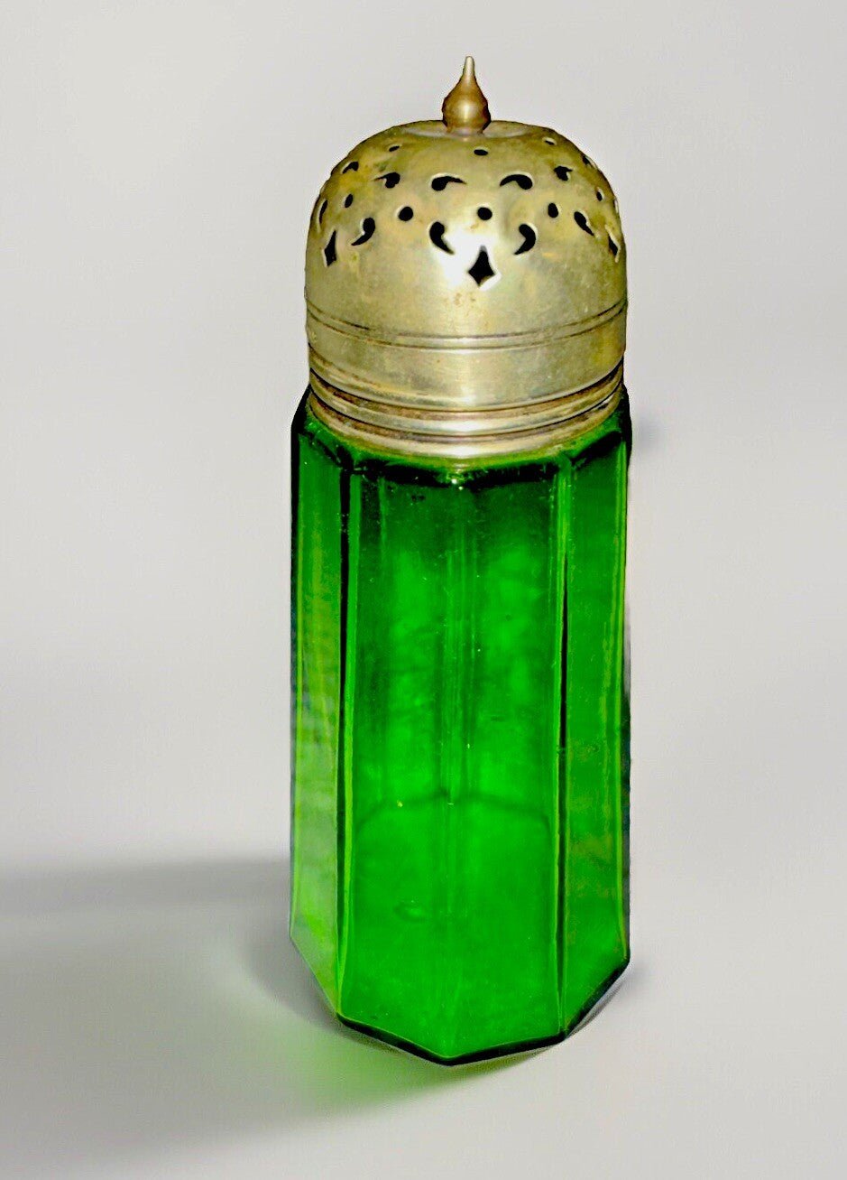 Antique Victorian Sugar Shaker Emerald Green Glass 10 Panel Silver Plated Lid - AntiquesEtceteraAntique Victorian Sugar Shaker Emerald Green Glass 10 Panel Silver Plated LidAntiqueAntiquesEtcetera