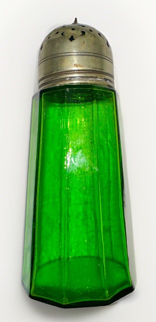 Antique Victorian Sugar Shaker Emerald Green Glass 10 Panel Silver Plated Lid - AntiquesEtceteraAntique Victorian Sugar Shaker Emerald Green Glass 10 Panel Silver Plated LidAntiqueAntiquesEtcetera