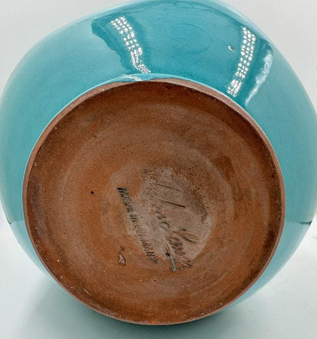 Anton Lang Art Pottery Pitcher Pinched Form Turquoise Made in Germany Vintage - AntiquesEtceteraAnton Lang Art Pottery Pitcher Pinched Form Turquoise Made in Germany VintagePotteryAntiquesEtceteraAntiquesEtcetera