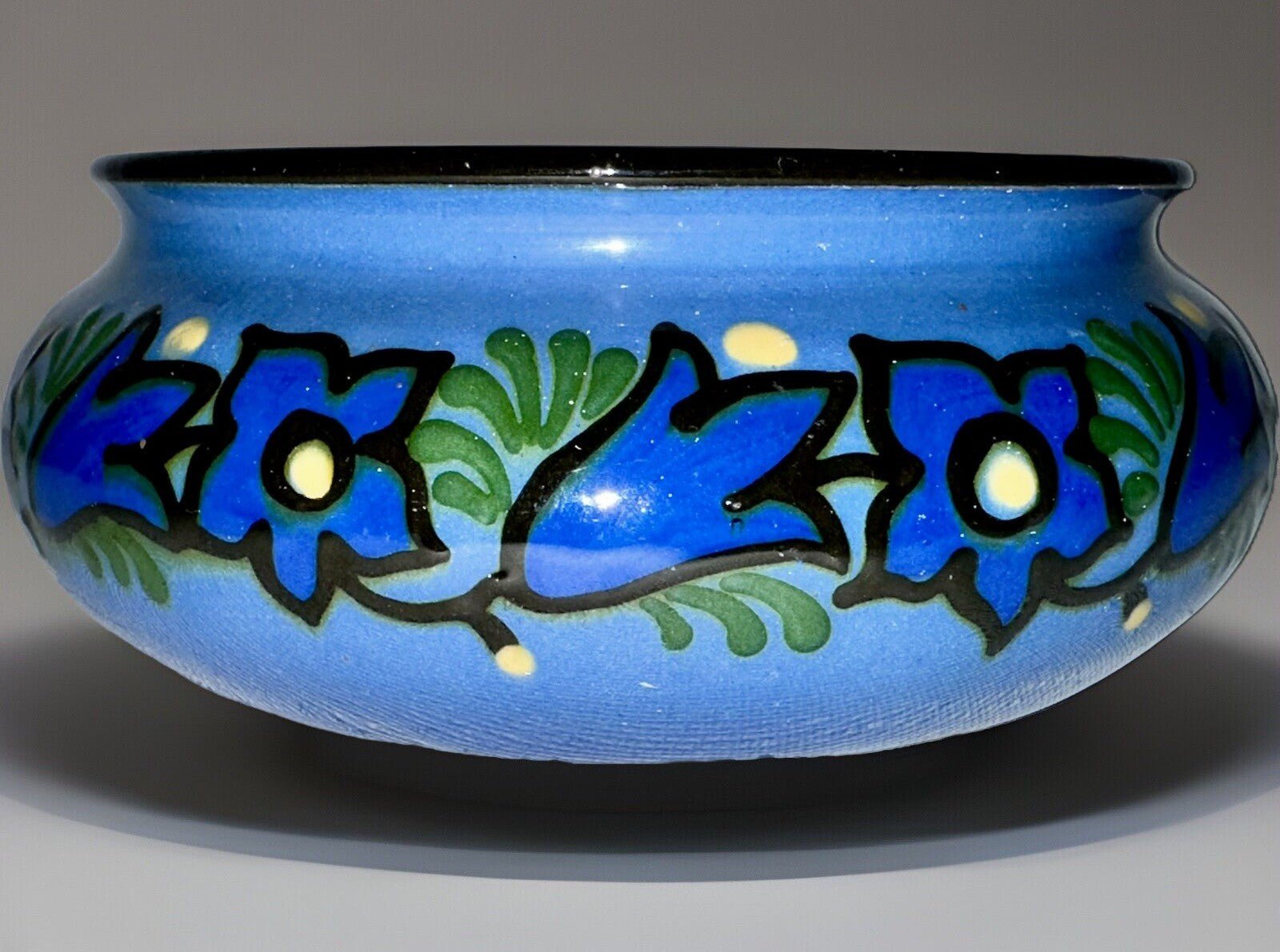 Anton Lang Pottery Bowl Signed Blue and Yellow Floral Antique Oberammergau - AntiquesEtceteraAnton Lang Pottery Bowl Signed Blue and Yellow Floral Antique OberammergauAnton LangAntiquesEtcetera