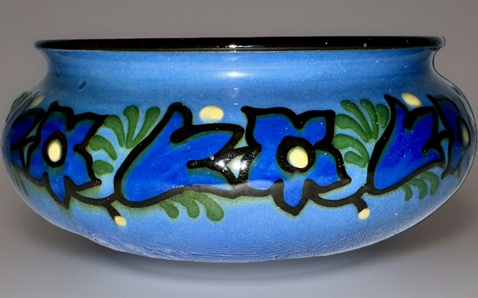 Anton Lang Pottery Bowl Signed Blue and Yellow Floral Antique Oberammergau - AntiquesEtceteraAnton Lang Pottery Bowl Signed Blue and Yellow Floral Antique OberammergauAnton LangAntiquesEtcetera