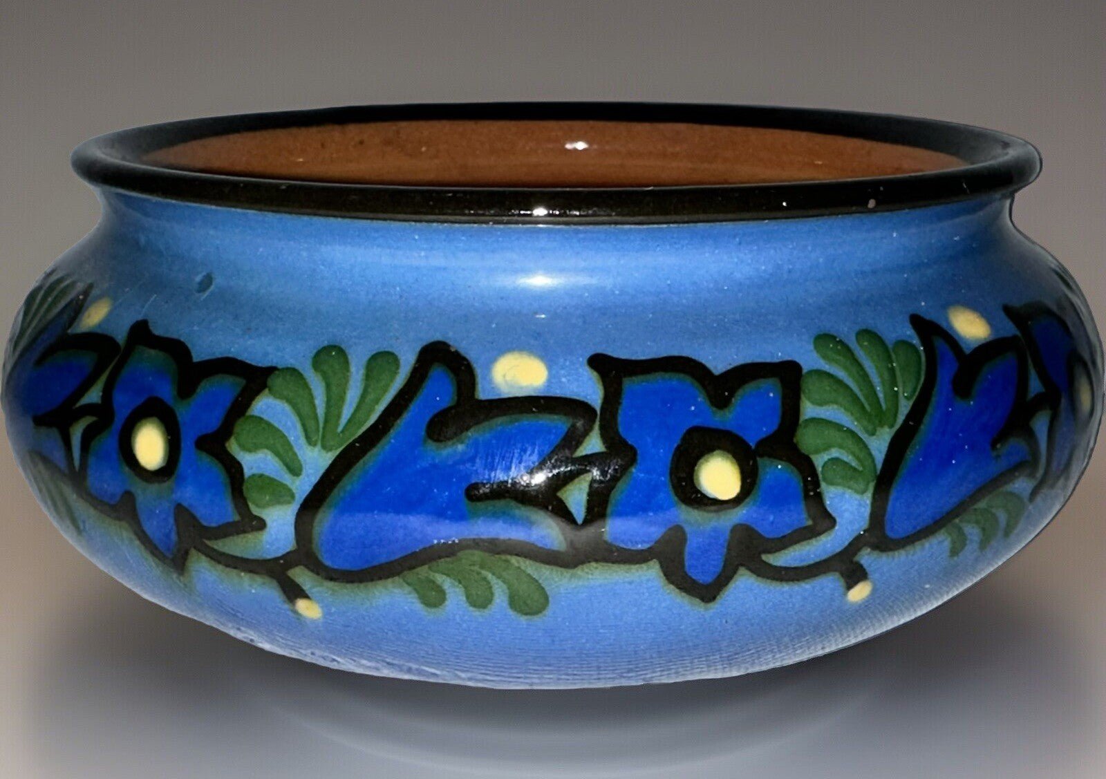 Anton Lang Pottery Bowl Signed Blue and Yellow Floral Antique Oberammergau - AntiquesEtceteraAnton Lang Pottery Bowl Signed Blue and Yellow Floral Antique OberammergauAnton LangAntiquesEtcetera