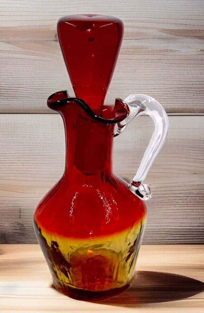 Art Deco Amberina Panel Optic Cruet Stopper Applied Handle 6 3/8" Antique Glass - AntiquesEtceteraArt Deco Amberina Panel Optic Cruet Stopper Applied Handle 6 3/8" Antique GlassAntiquesEtceteraAntiquesEtcetera