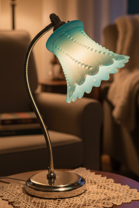 Blue Glass Electric Lamp Shade Dewdrops against Vertical Ribs 5.5" High