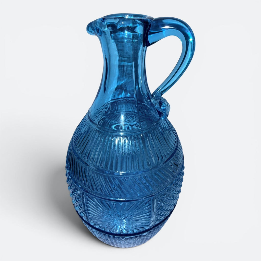 Blue Glass Jug / Ewer with Sunburst, Diamond and Ribbed Motif and Applied HandleAntiquesEtcetera