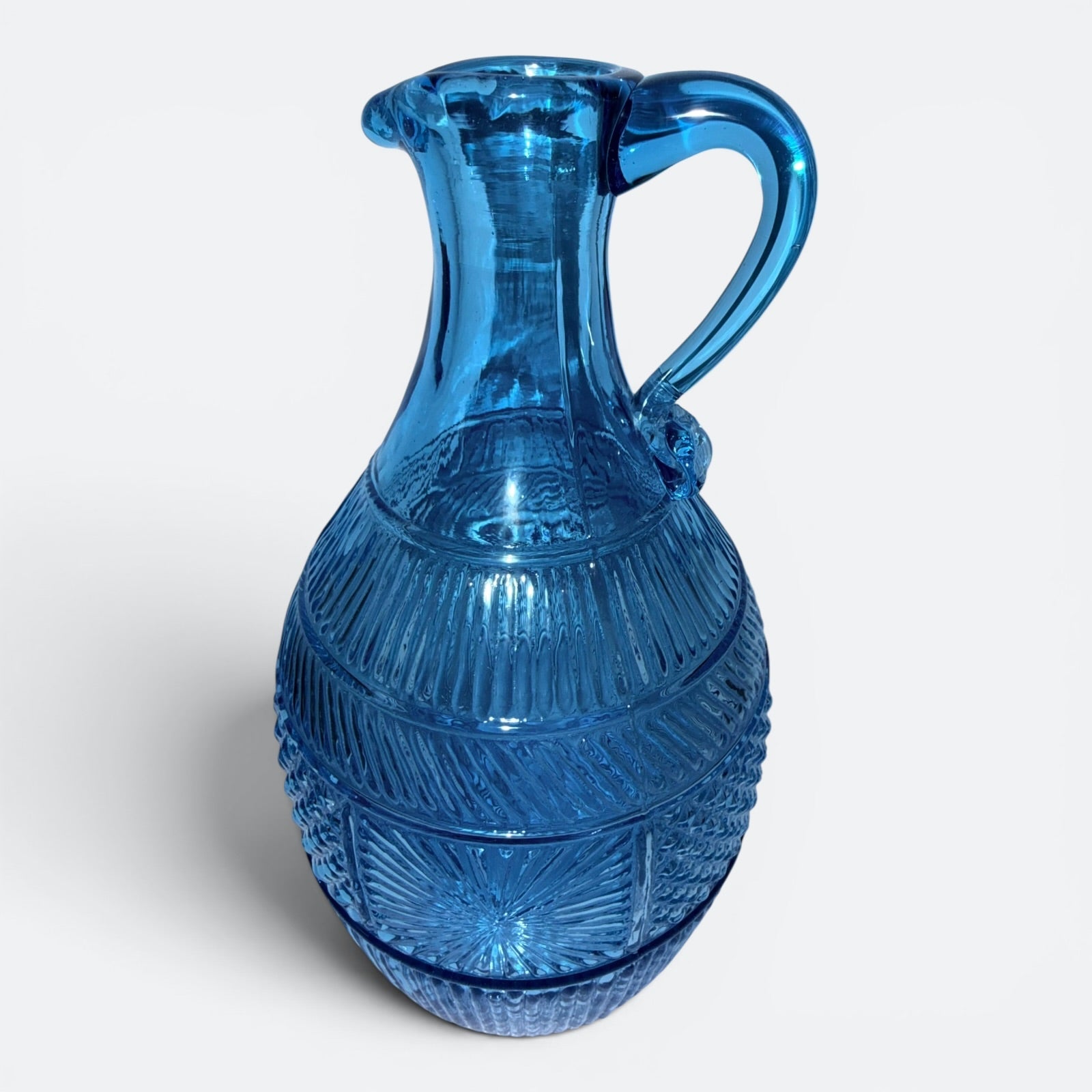 Blue Glass Jug / Ewer with Sunburst, Diamond and Ribbed Motif and Applied HandleAntiquesEtcetera