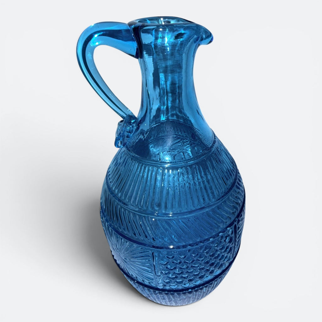 Blue Glass Jug / Ewer with Sunburst, Diamond and Ribbed Motif and Applied HandleAntiquesEtcetera