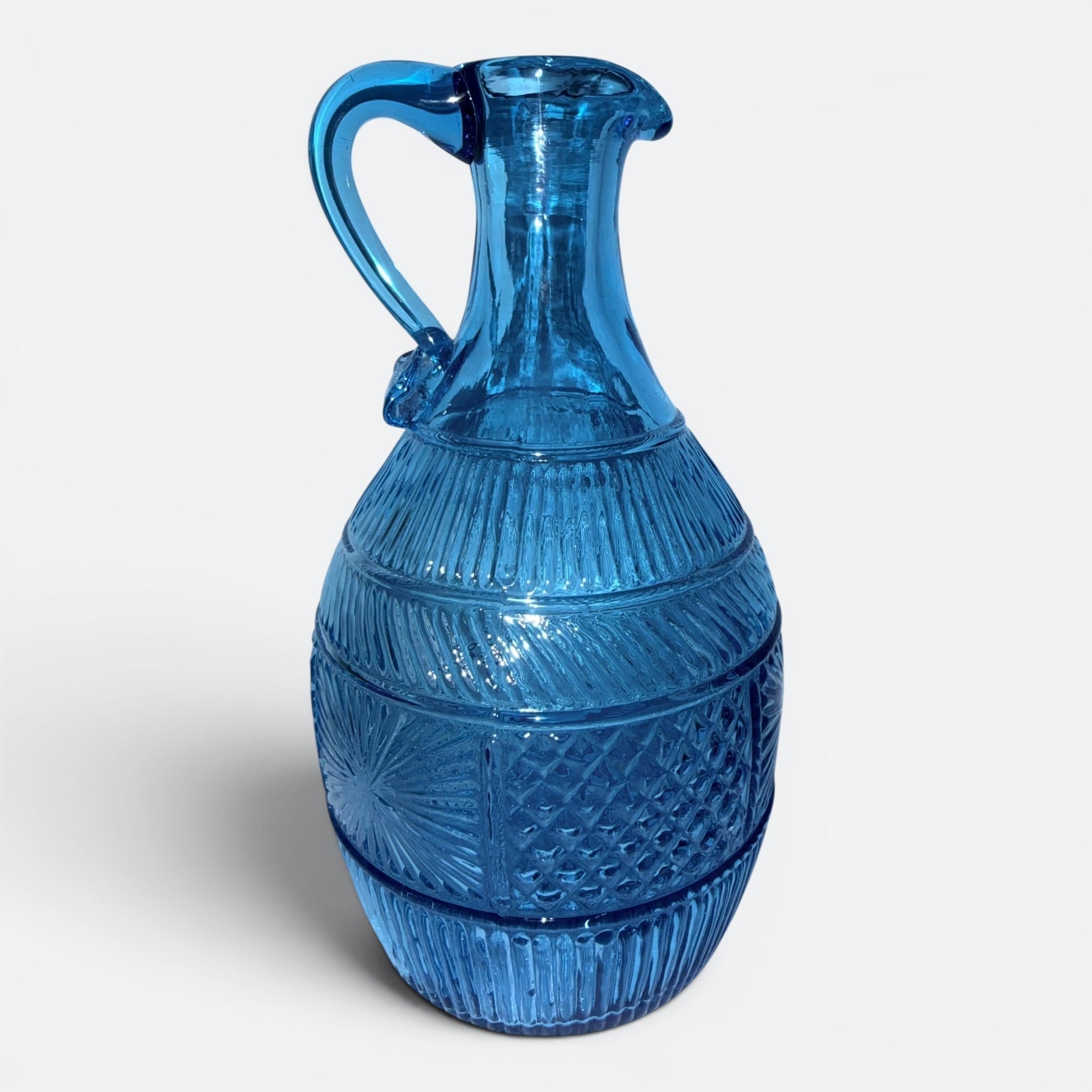 Blue Glass Jug / Ewer with Sunburst, Diamond and Ribbed Motif and Applied HandleAntiquesEtcetera