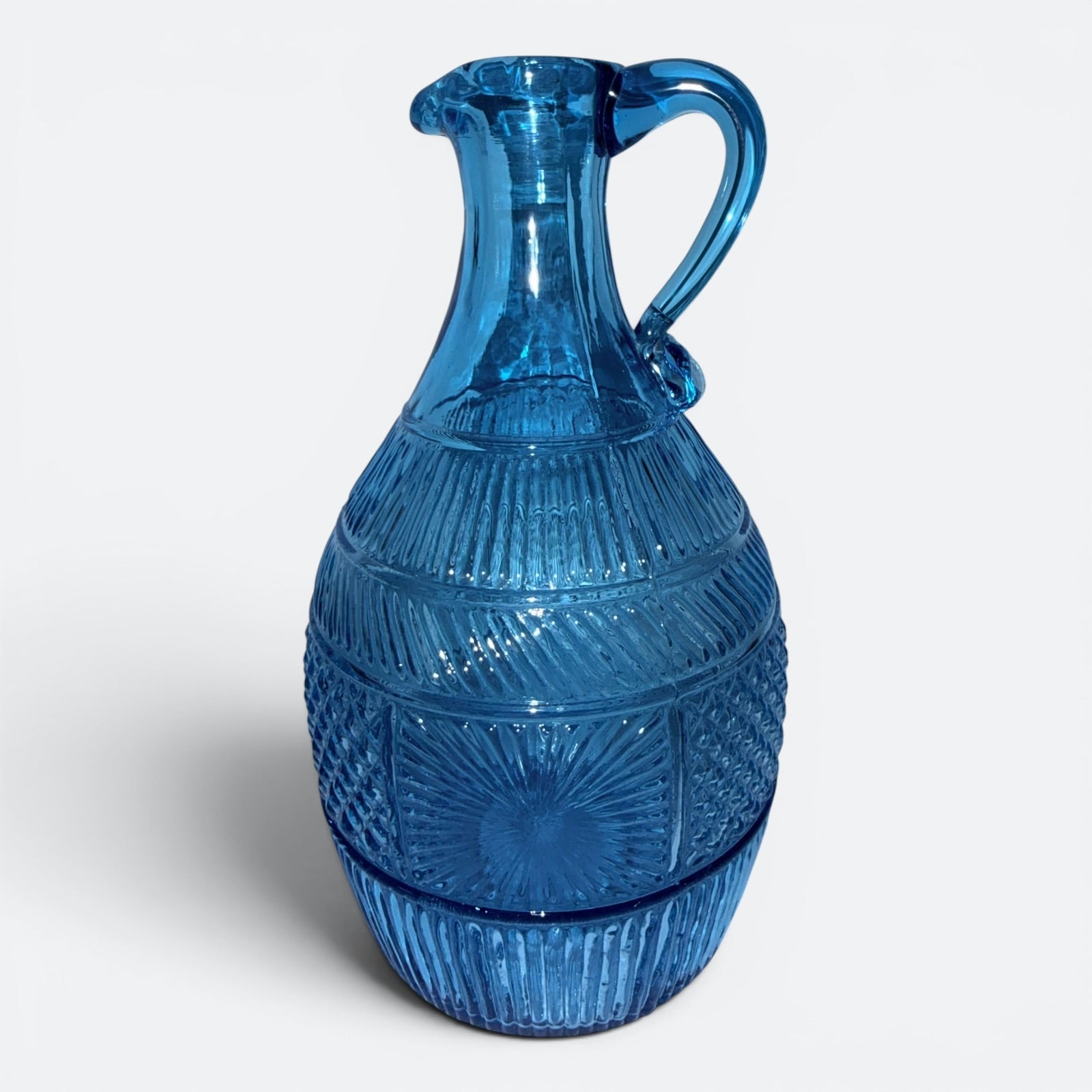 Blue Glass Jug / Ewer with Sunburst, Diamond and Ribbed Motif and Applied HandleAntiquesEtcetera