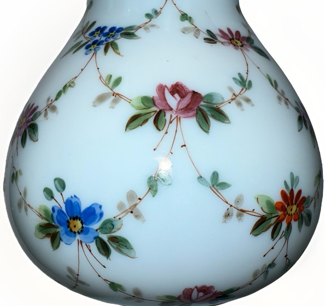 Blue Glass Vented Oil Lamp Chimney Antique Hand Painted Floral Accordion Rim - AntiquesEtceteraBlue Glass Vented Oil Lamp Chimney Antique Hand Painted Floral Accordion RimAntiqueAntiquesEtcetera