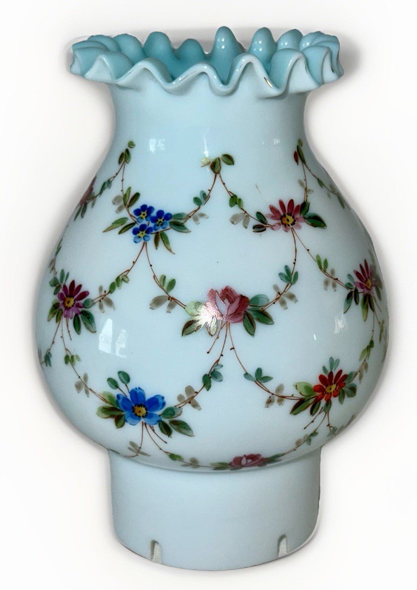 Blue Glass Vented Oil Lamp Chimney Antique Hand Painted Floral Accordion Rim - AntiquesEtceteraBlue Glass Vented Oil Lamp Chimney Antique Hand Painted Floral Accordion RimAntiqueAntiquesEtcetera