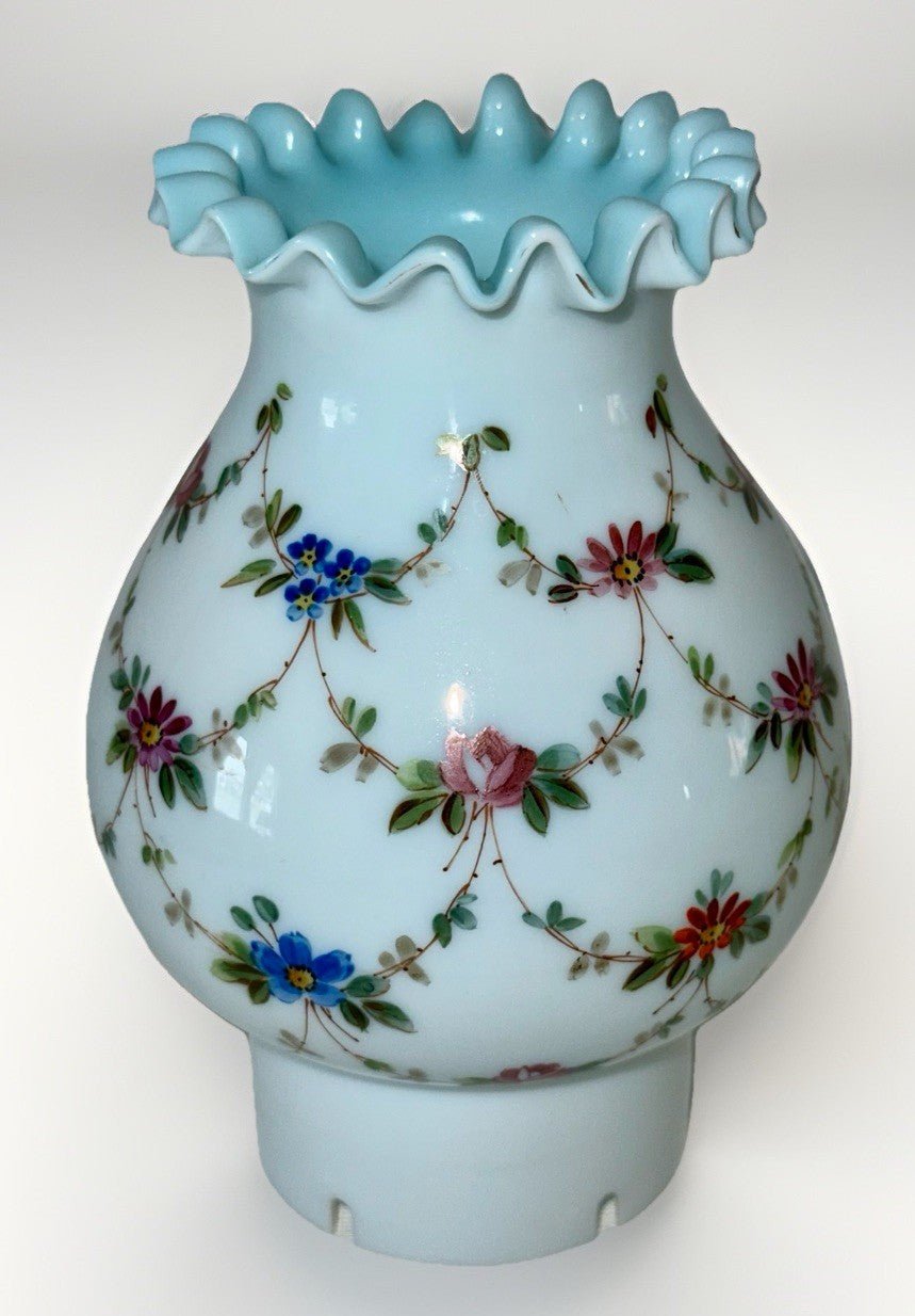 Blue Glass Vented Oil Lamp Chimney Antique Hand Painted Floral Accordion Rim - AntiquesEtceteraBlue Glass Vented Oil Lamp Chimney Antique Hand Painted Floral Accordion RimAntiqueAntiquesEtcetera